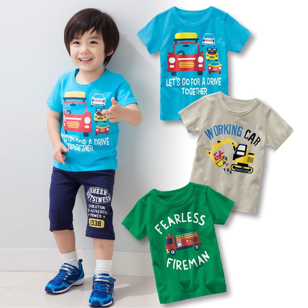 日本 Nissen - 男孩個性圖案印花短袖T恤三件組-車+怪手+消防車-藍色+灰色+綠色