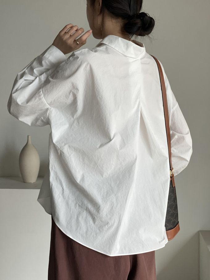 韓國女裝連線 - 知性背後抓褶翻領長袖襯衫-象牙白 (FREE)