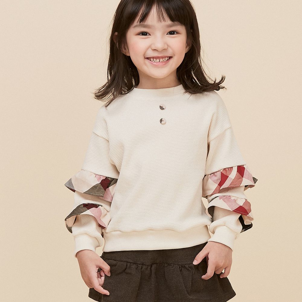 韓國 Coco Bang - 雙層格紋荷葉裝飾上衣-米