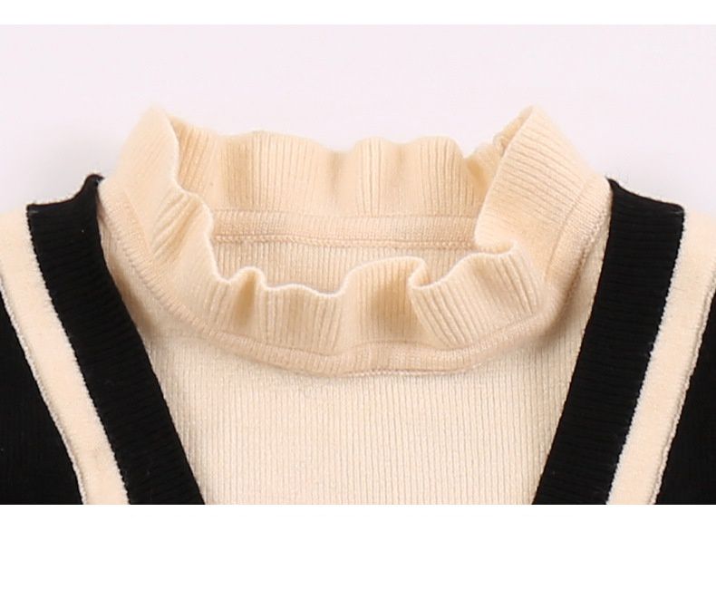 假兩件V領泡泡袖毛衣連身裙-黑色