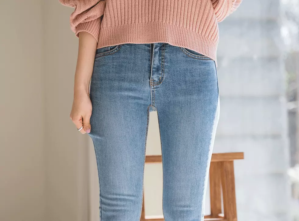 韓國 ENVYLOOK - 超彈力收腰鬆緊刷白窄管牛仔褲-深藍