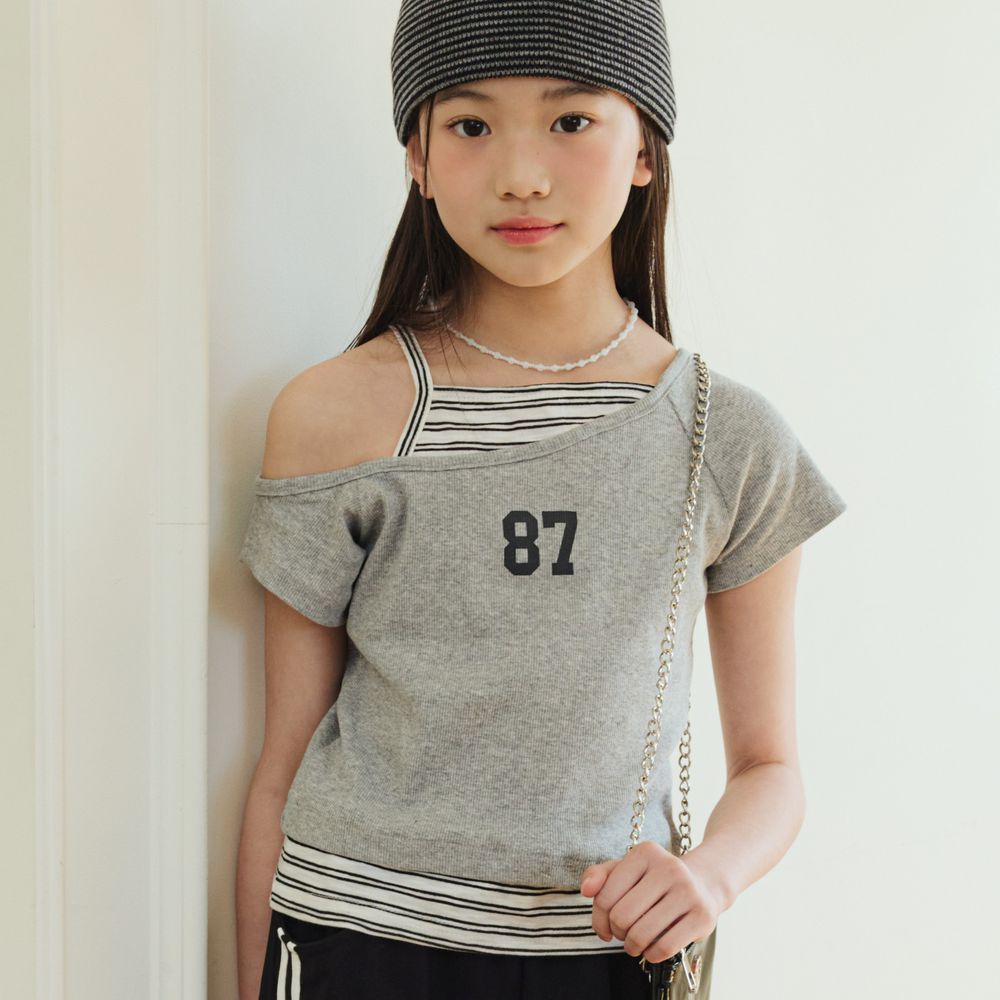 sm2 Y2K假兩件露肩造型短袖上衣-灰