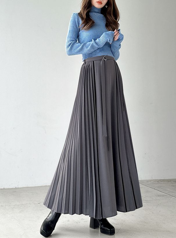 日本 GRL - 側面細百摺釦環搖曳長裙-灰