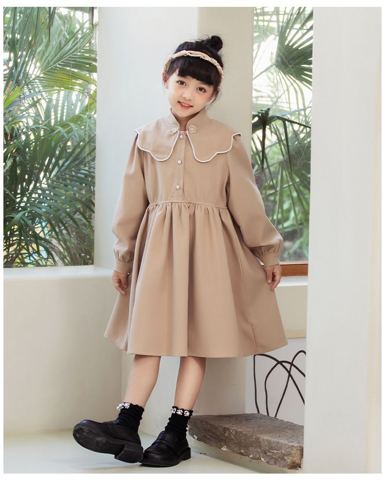 娃娃領燈芯絨長袖洋裝-卡其色