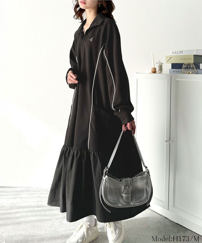日本 Classical Elf - 異素材荷葉拼接半拉鍊寬版長袖洋裝-黑