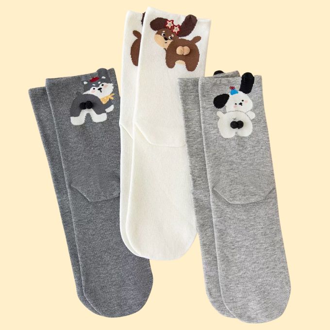 胖嘟嘟立體毛球狗狗中筒棉襪