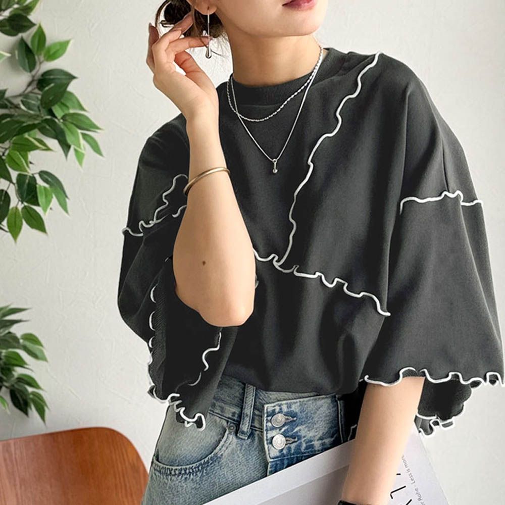 木耳QQ俏麗造型寬袖上衣-炭黑