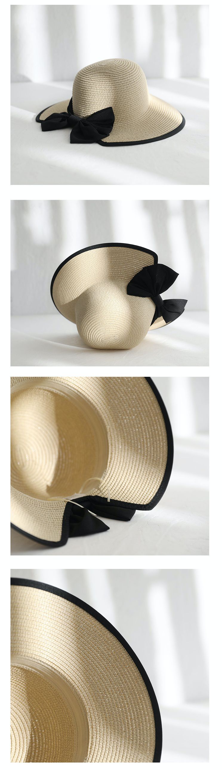 撞色黑邊防曬遮陽草帽-黑色 (56-58cm)