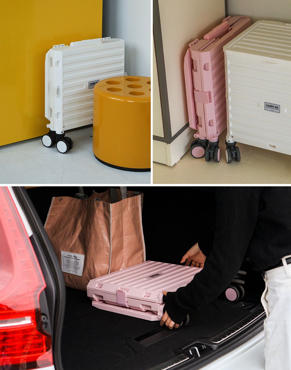 韓國 Daily Like - 四輪折疊手拉車／購物車-橄欖綠 (展開：40X36X46cm，折疊：40X10X46cm)