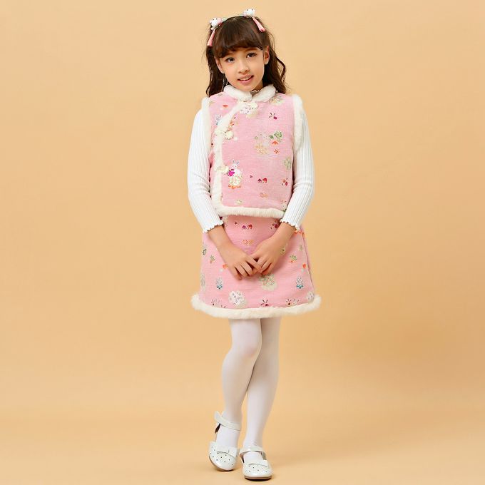 love, charlotte - 小兔子粉色提花絨鋪棉拜年洋裝套組-背心＋短裙兩件套裝搭配羊毛氈流蘇髮夾