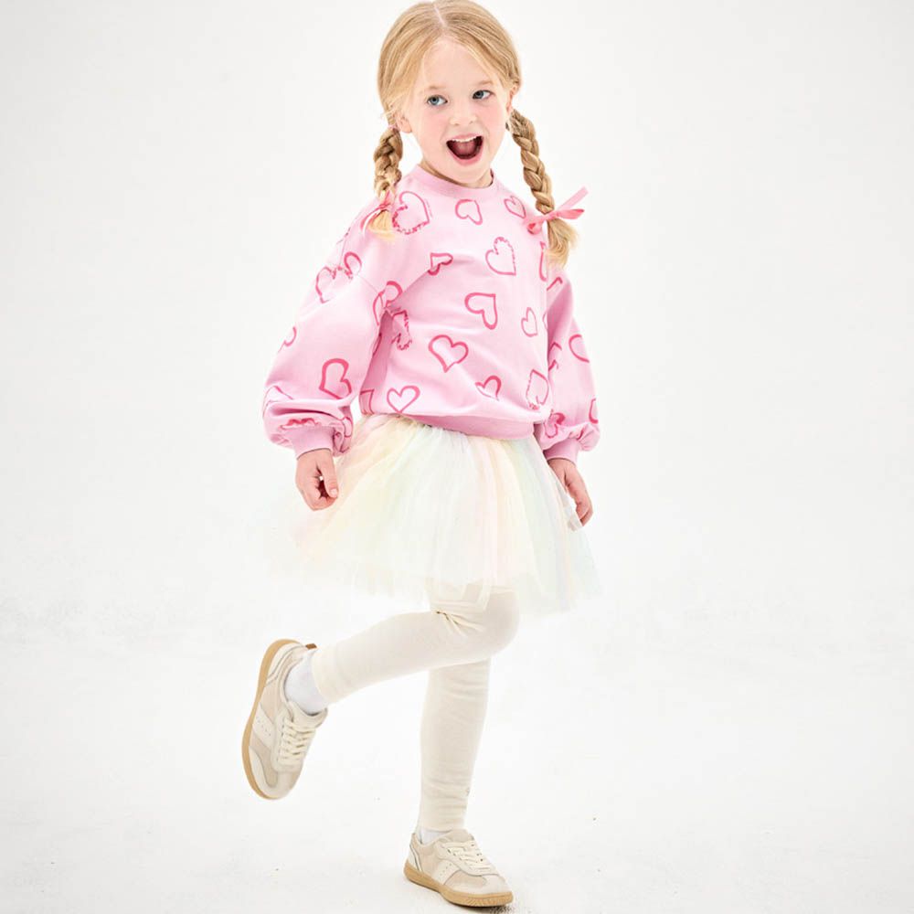 愛心長袖上衣X夢幻網紗裙內搭褲套裝-粉X象牙白