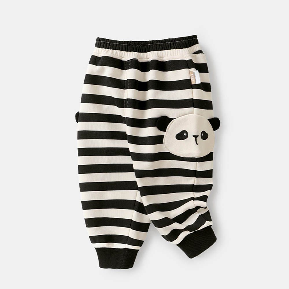 腰鬆緊運動休閒長褲-萌趣熊貓口袋-條紋