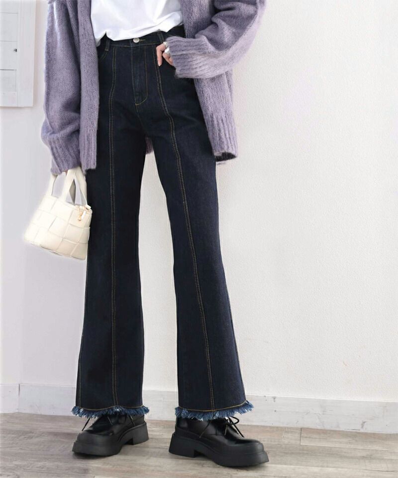 日本 Classical Elf - 顯瘦美腿彈性微喇叭長褲-丹寧藍