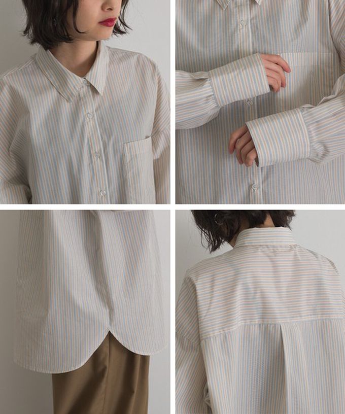 日本 ELENCARE DUE - 男友風寬鬆率性感長袖襯衫-藍系直條紋