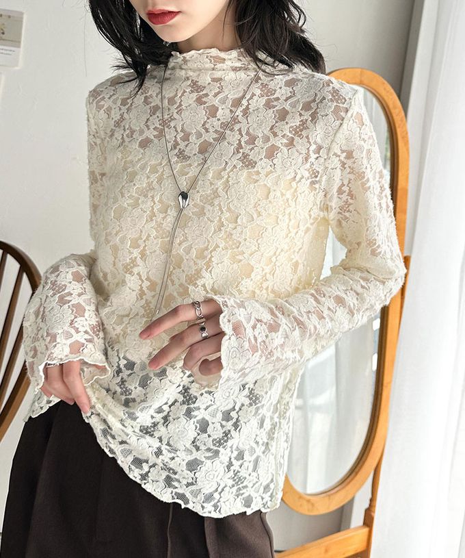 日本 Classical Elf - 夢幻透膚蕾絲小立領長袖上衣(無內裏)-白