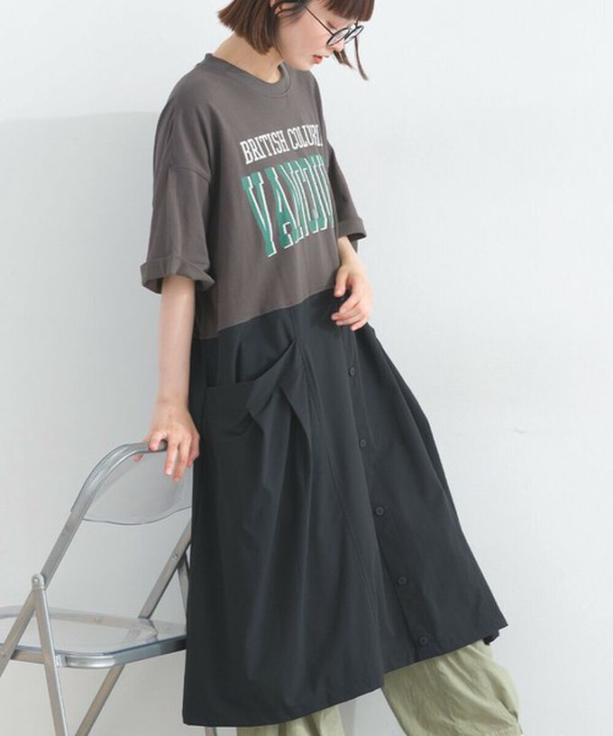 日本 Lupilien - 異素材撞色學院風俐落短袖洋裝-米白