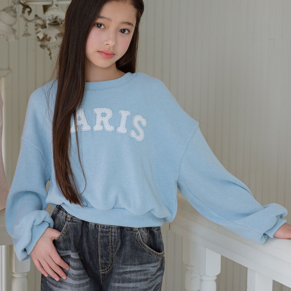 sm2 拼布文字風格針織長袖上衣-PARIS-天藍