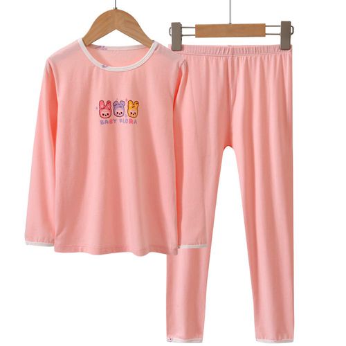 透氣舒適圓領長袖套裝/家居服-三隻小兔-粉色