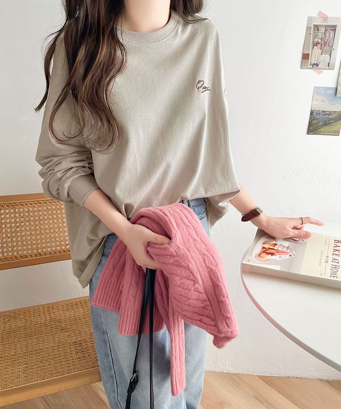 日本 Classical Elf - 胸口簡約刺繡純棉長袖上衣-燕麥