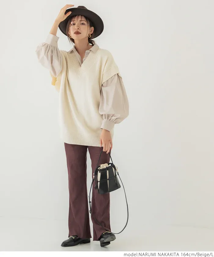 日本 COCA - 翻領寬鬆氣球袖襯衫-米杏