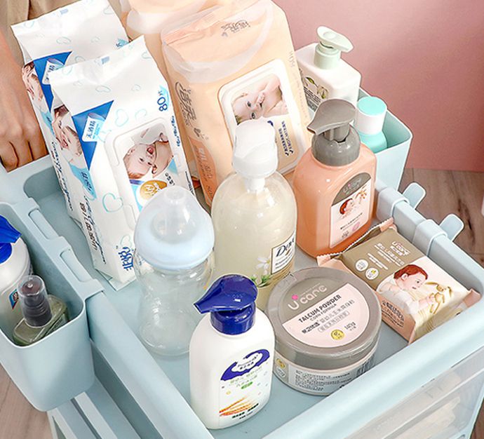 PICKup - 可移式四層抽屜多用途收納推車(3抽)-DIY-霧透抽屜款(粉白)