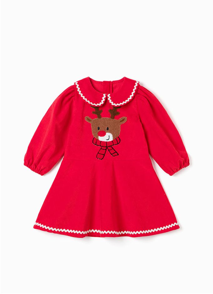韓國 OZKIZ - 毛料馴鹿印燈芯絨洋裝/聖誕-紅
