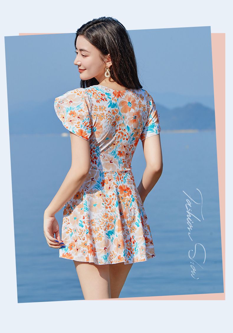 甜美碎花修身顯瘦遮肉連身裙泳衣-滿版花花-深藍+橘