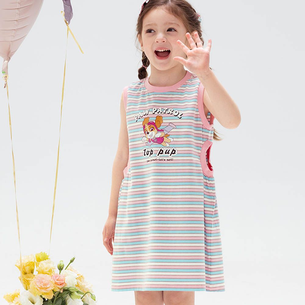 卡通汪汪隊圓領無袖洋裝-卡通人物天天-粉色條紋