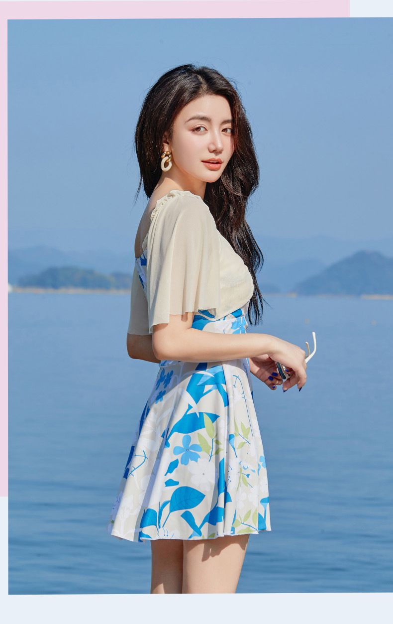 荷葉袖修身顯瘦遮肉連身裙泳衣-拼色幾何-淺紫色