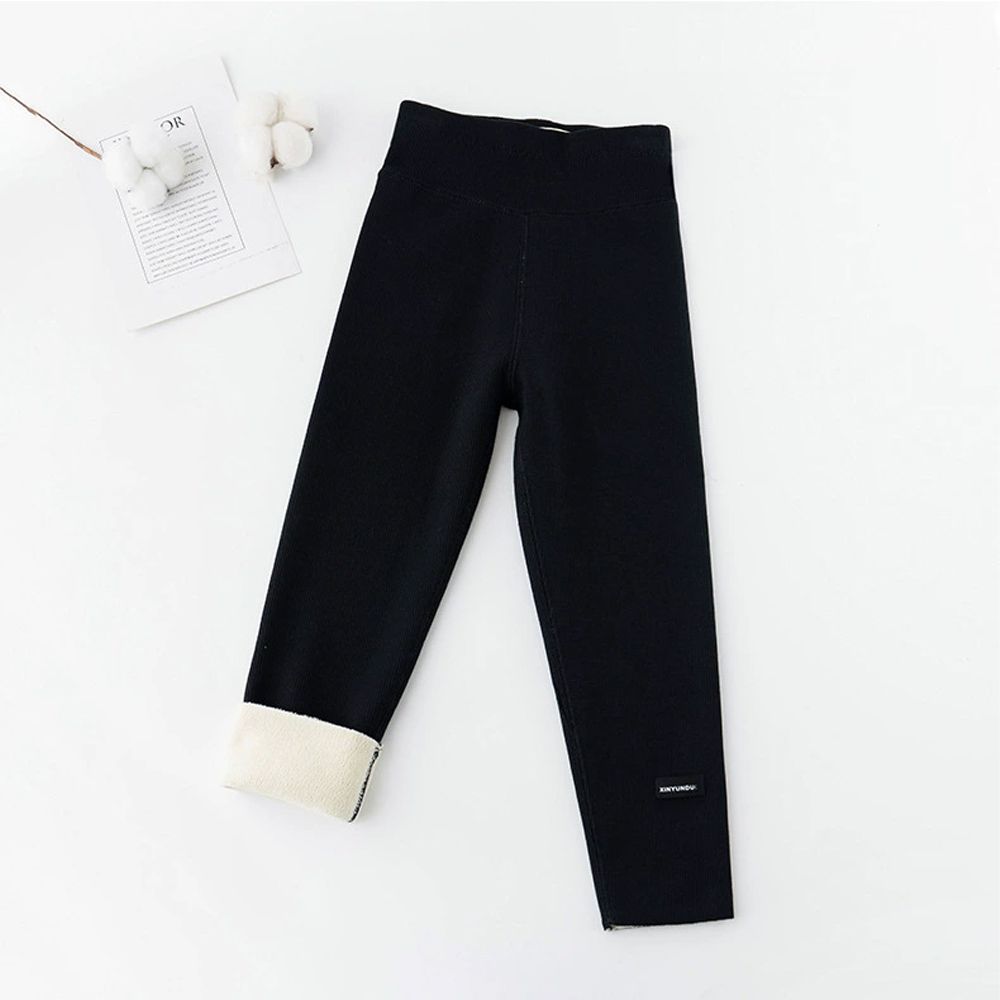 加絨腰鬆緊保暖內搭褲-簡約羅紋-黑色