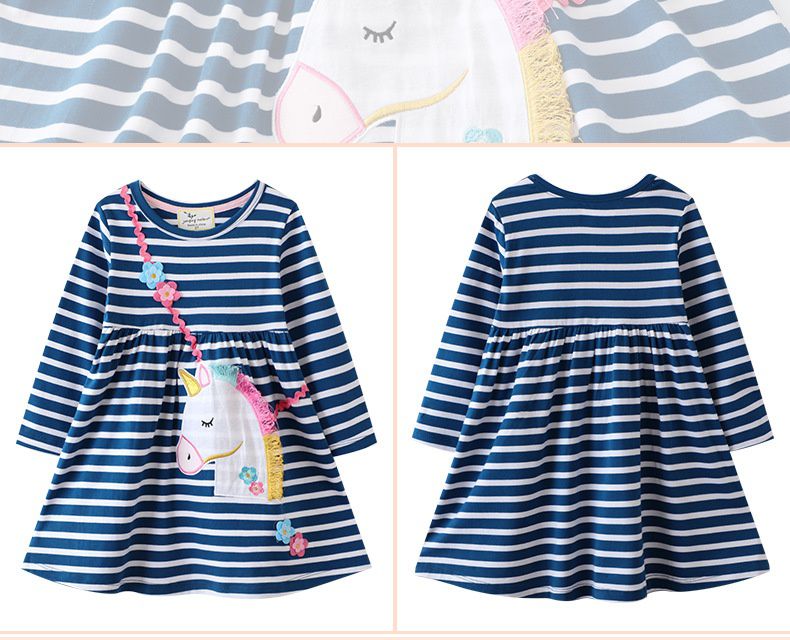 Jumping meters - 棉質圓領立體長袖連身洋裝-花花獨角獸-深藍色