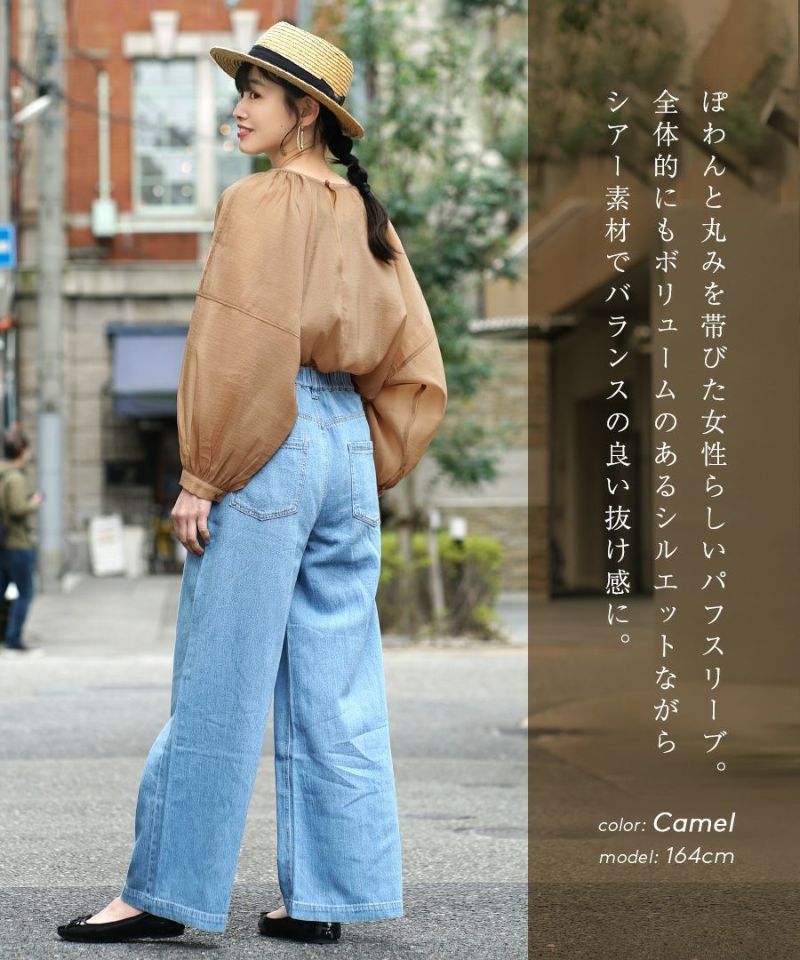 日本 zootie - 空氣感透膚優雅泡泡袖上衣-焦糖棕