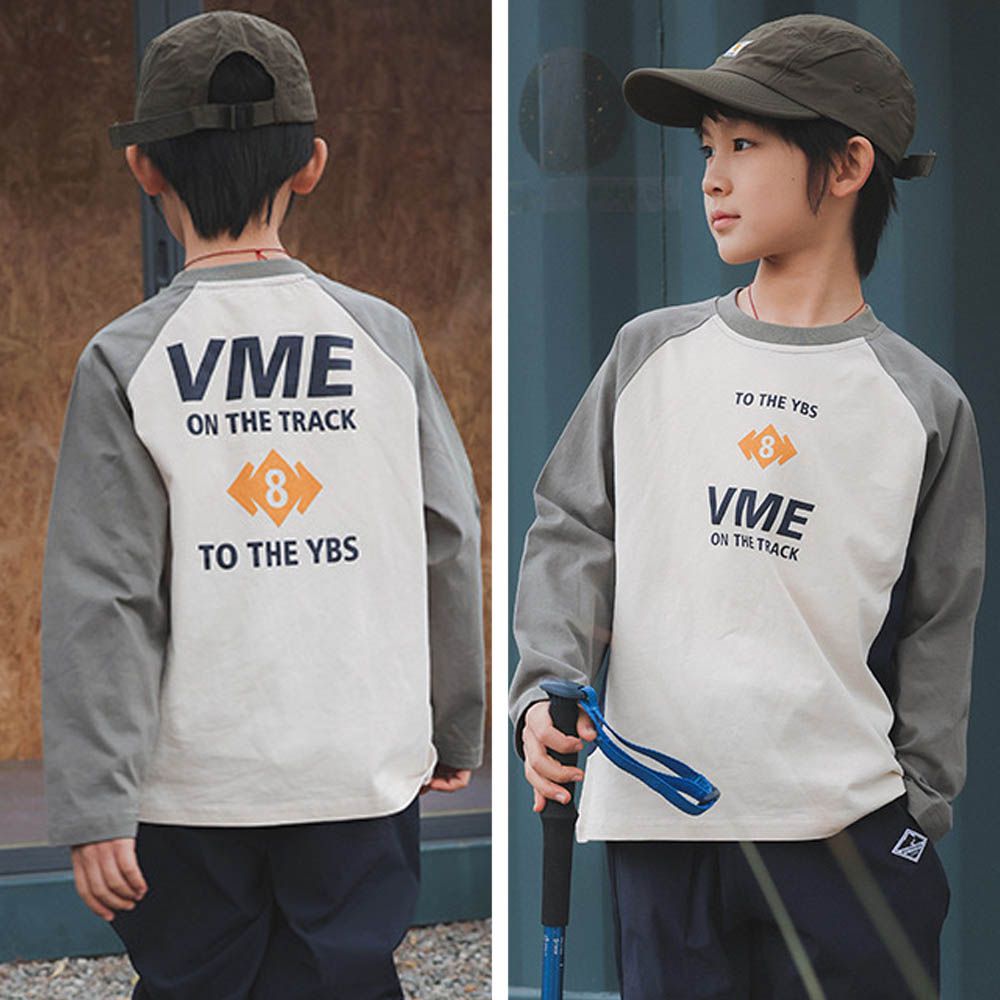 純棉圓領長袖上衣-山系字母-拼色綠