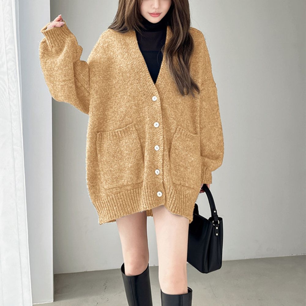 羊毛混紡輕盈寬鬆感開襟衫外套-金黃 (F)