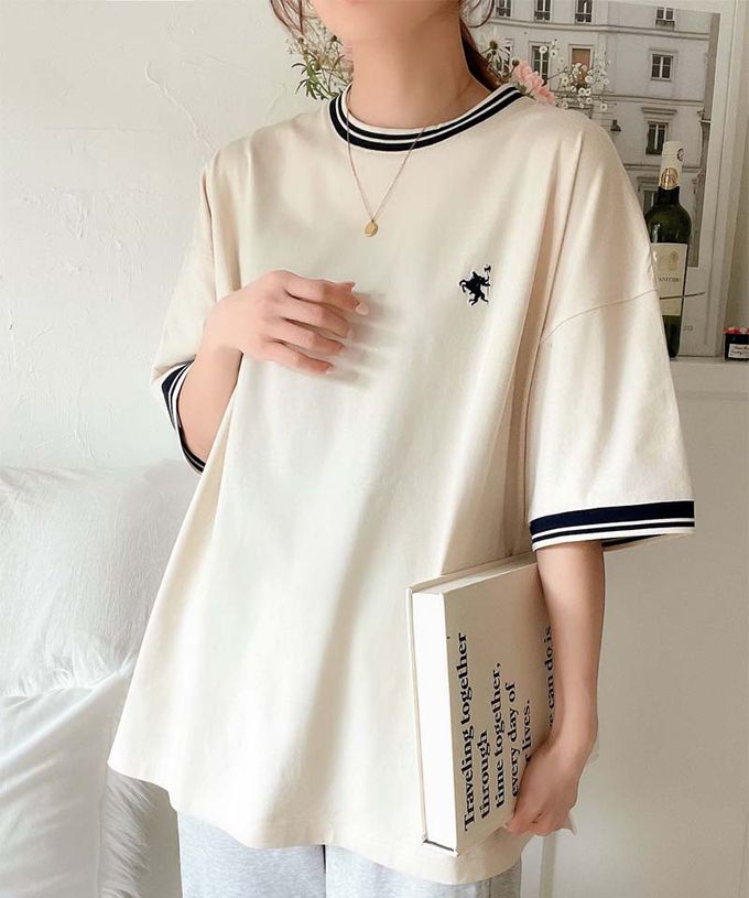 日本 Classical Elf - Java 100%天竺棉 刺繡舒適短袖上衣-淺灰棕