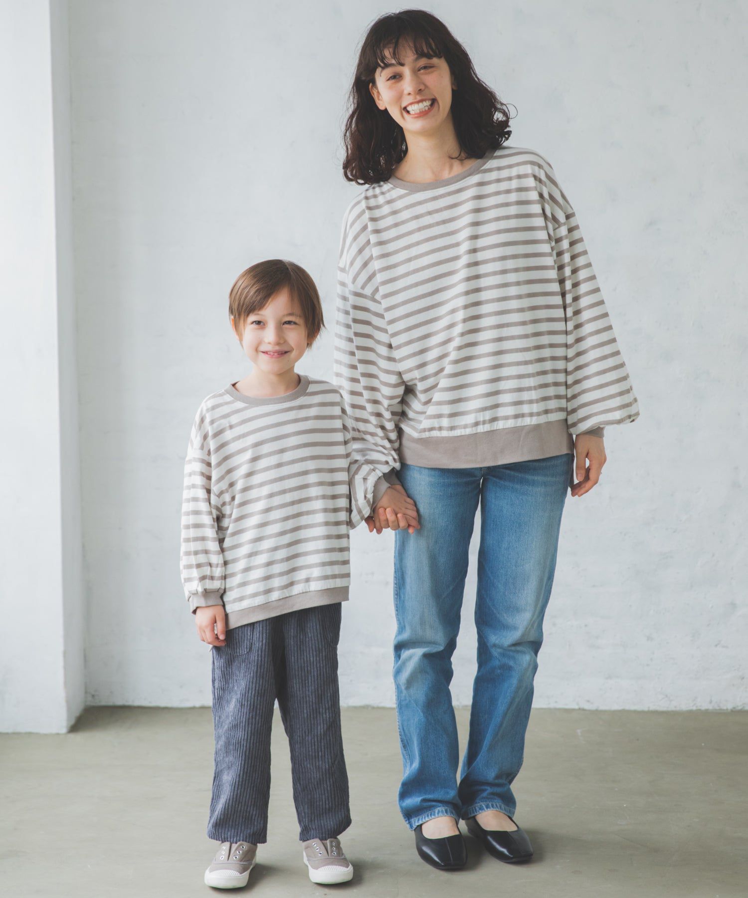 日本 PAIRMANON - 純棉落肩圓領條紋薄長袖上衣-孩子-黑x白