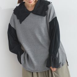 日本 Lupilien - 精緻蕾絲領落肩喇叭袖上衣-黑灰條紋