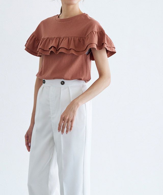 日本 Pierrot - 甜美氣質荷葉滾邊短袖上衣-磚紅橘