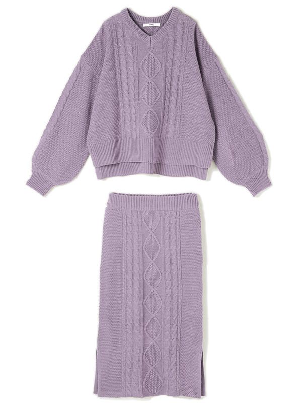 日本 GRL - V領針織毛衣x開衩針織長裙2件組-紫