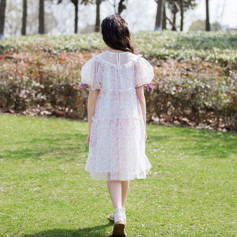 網紗泡泡袖蛋糕裙洋裝-滿版碎花-白+紫