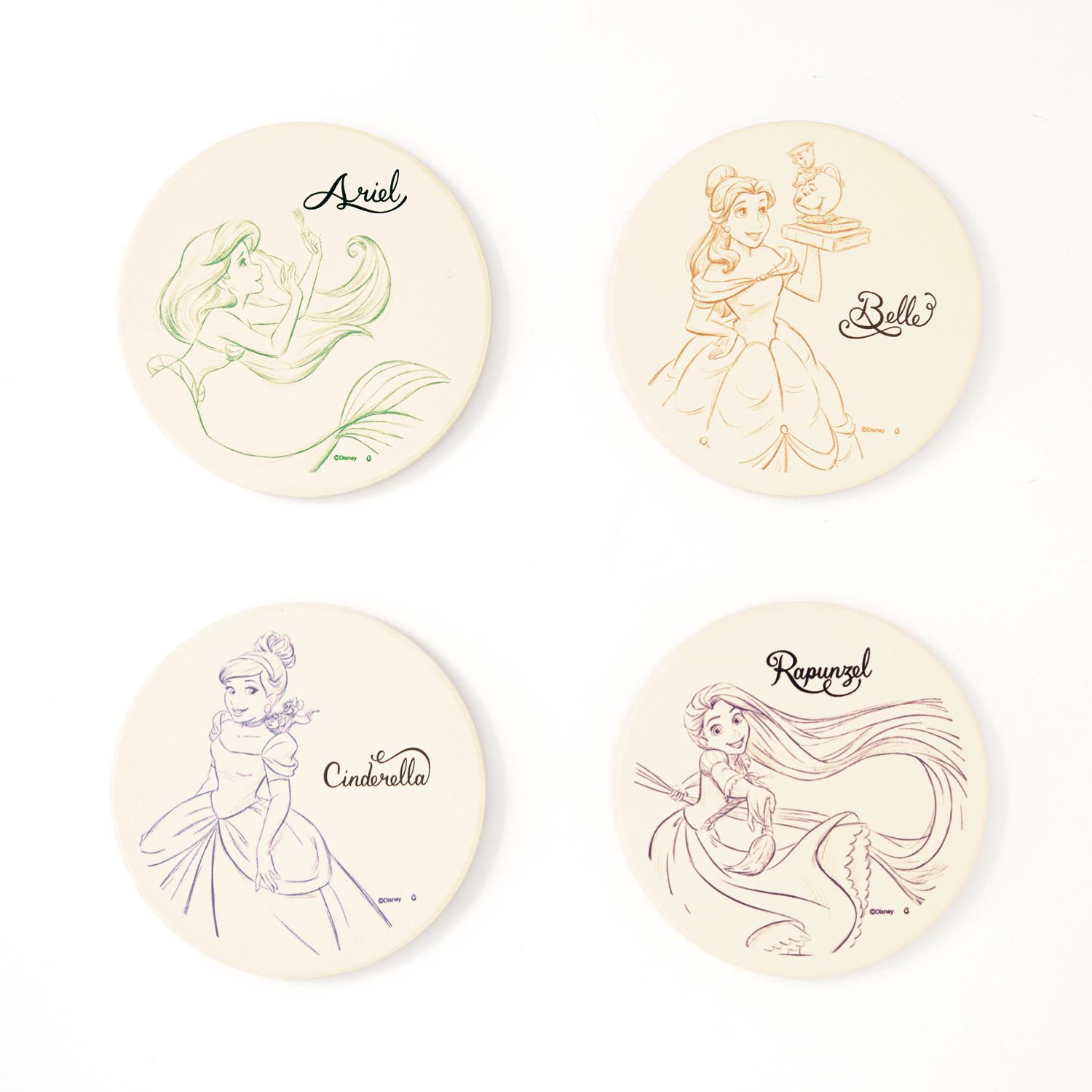 日本千趣會 - 迪士尼吸水杯墊四入組-公主素描