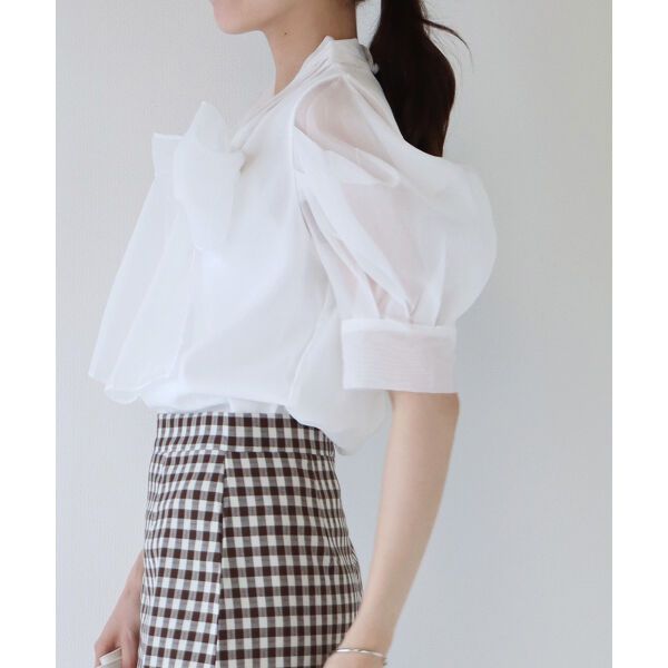 日本 BLUE EAST - 氣質薄紗蝴蝶結泡泡短袖上衣-白