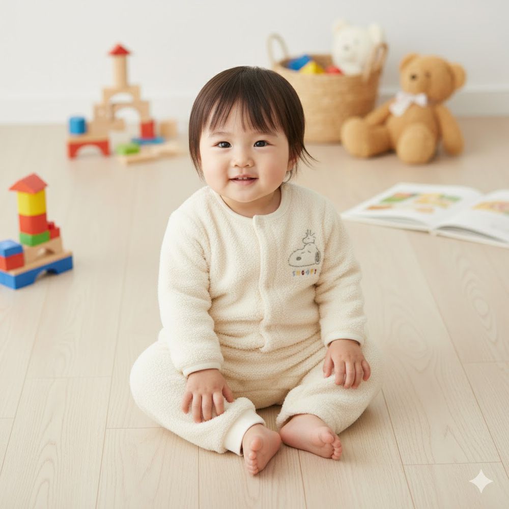 長袖兔裝-史努比 毛茸茸刷毛-米白色