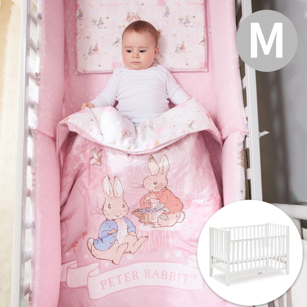 簡約淺灰色中床附床墊+悅讀比得兔中床四件床組/寢具組-M(嬰兒床 嬰兒床墊)-粉色