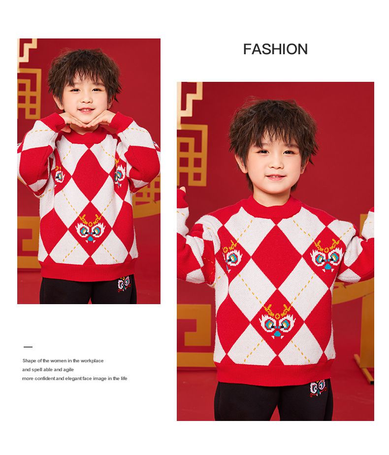 (加絨)喜氣拜年圓領針織長袖毛衣-福氣龍-紅+白