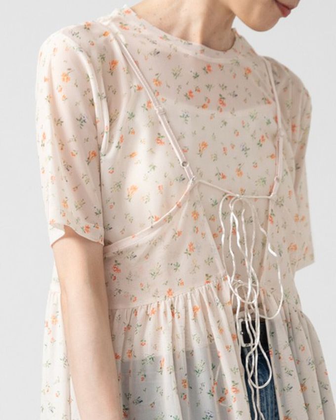 日本 gleam - 浪漫小花透膚薄紗短袖上衣-黑