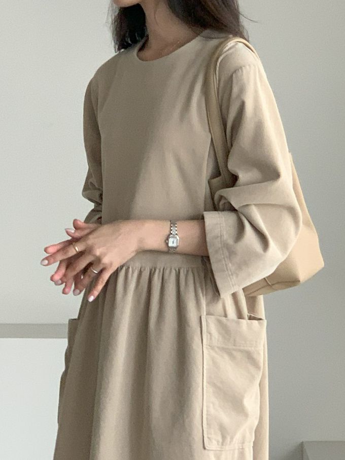 韓國女裝連線 - 極簡大口袋燈芯絨連身洋裝-米杏 (FREE)