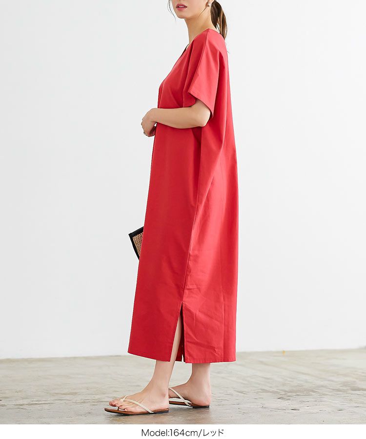 日本 Kobe Lettuce - 棉麻小V領超修身短袖洋裝-水藍