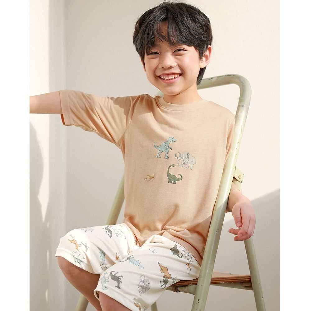 清涼嫘縈透氣7分袖家居服/睡衣-手繪恐龍大象-卡其X米白