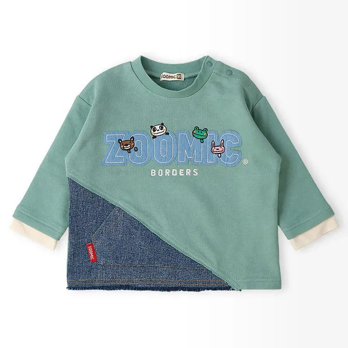 日本 ZOOLAND - 丹寧風小熊裏毛長袖上衣-品牌好朋友-海軍藍x黑